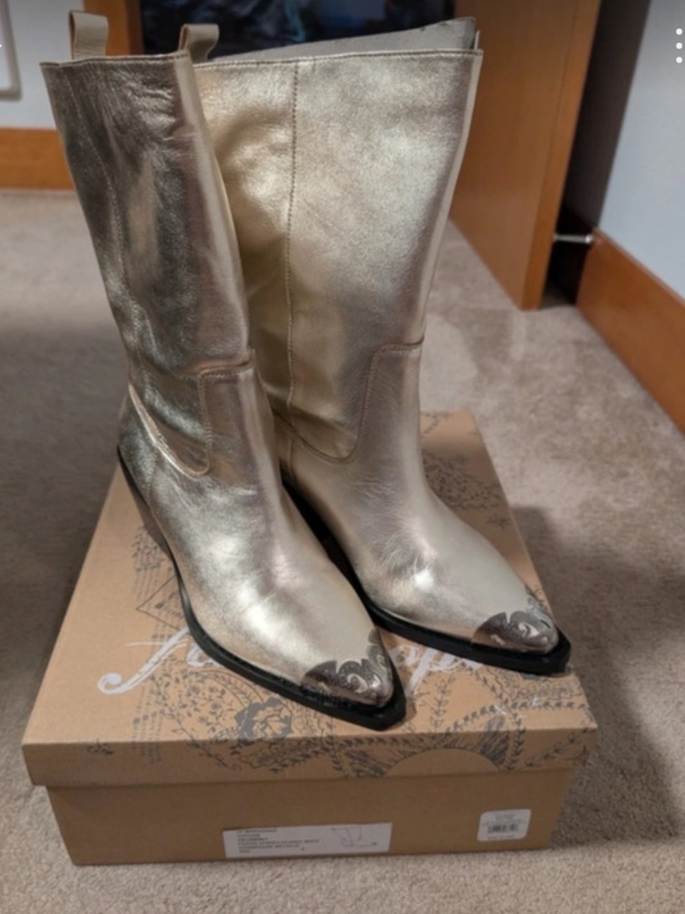 Free People Metallic Gold Western Mid-Calf Women's Boots Size 9 New In Box!